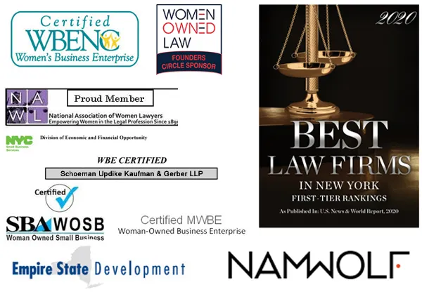 Certified WBENC Women's Business Enterprise, Women Owned Law founders circle sponsor, NAWL proud member, NYC certified WBE, SBA WOSB, Empire State Development certified MWBE, NAMWOLF, and Best Law Firms 2020
